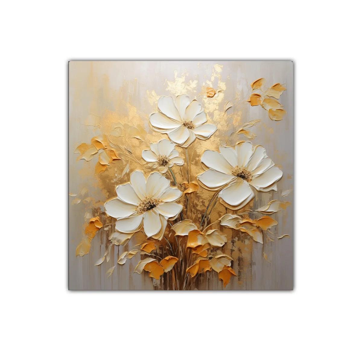 Cuadro decorativo flores blancas y doradas con textura elegante