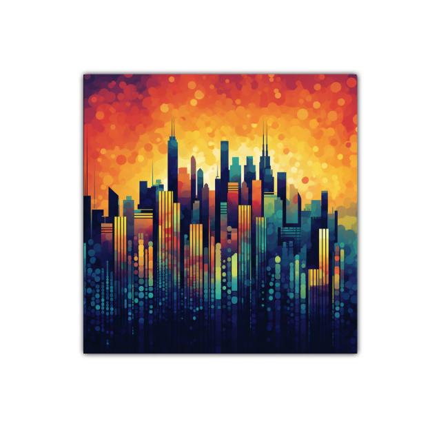 Vibrante skyline urbano con tonos cálidos y fríos contrastantes