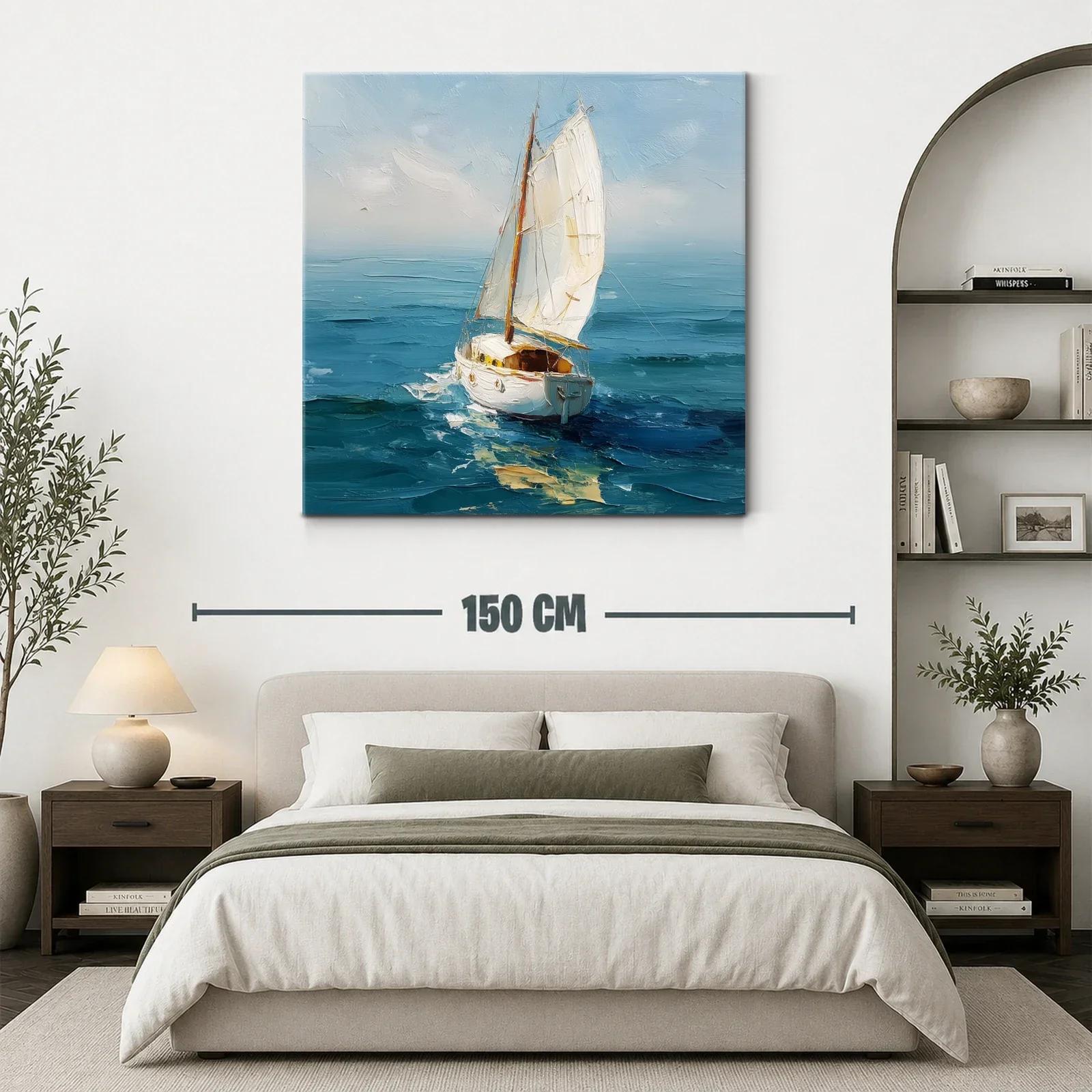 Vela blanca surcando el mar en tonos azules y celestes — miniatura 3