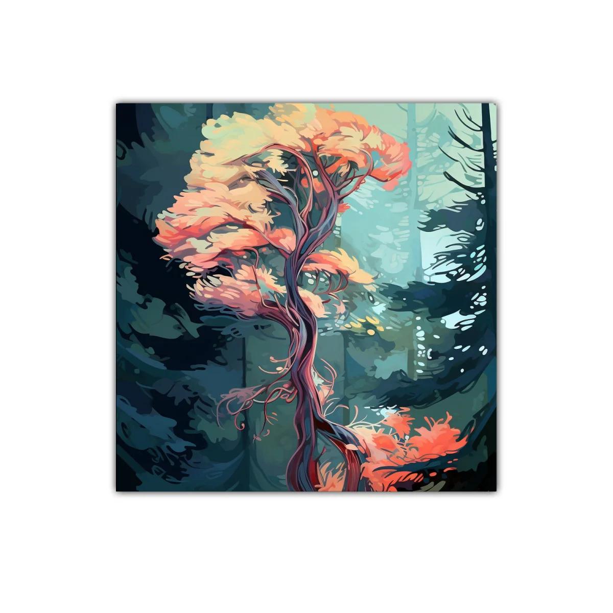 Árbol imaginario en bosque de tonos fríos y cálidos