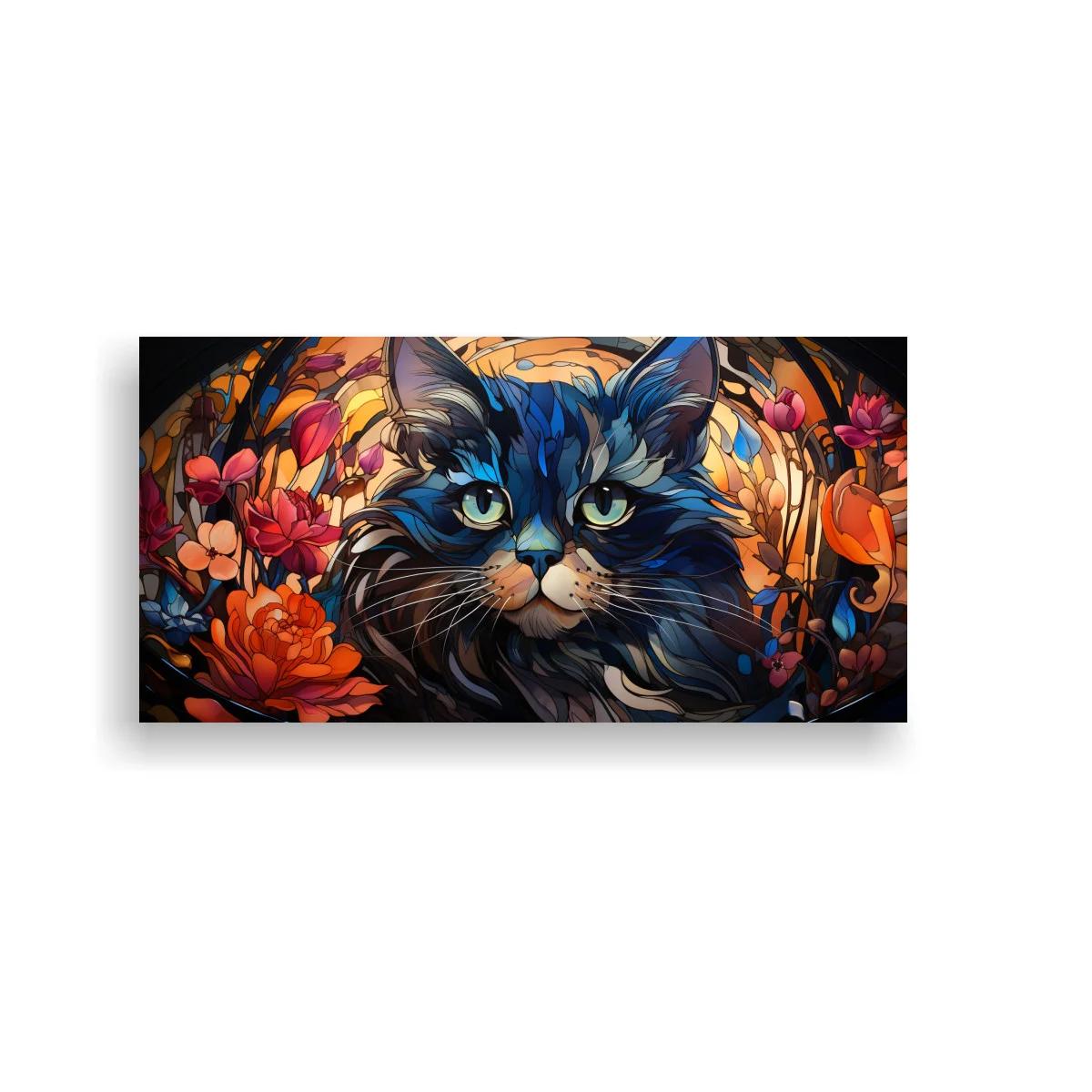 Cuadro gato de pelo largo con flores coral y rosa