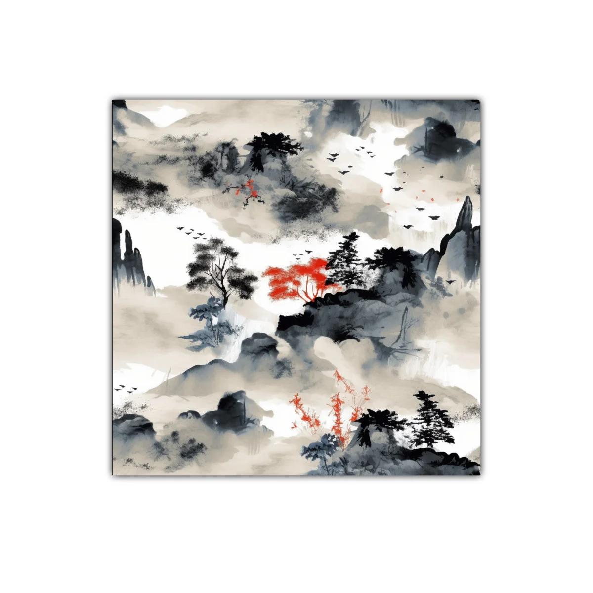 Paisaje zen con toques rojos y grises intensos — imagen principal