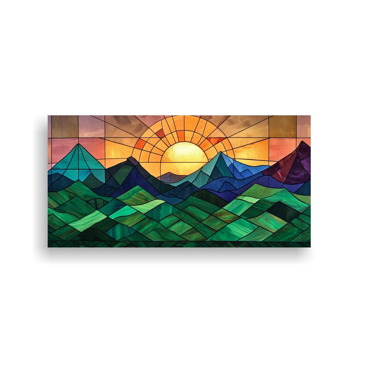 Cuadro paisaje de montañas al amanecer con sol semicircular