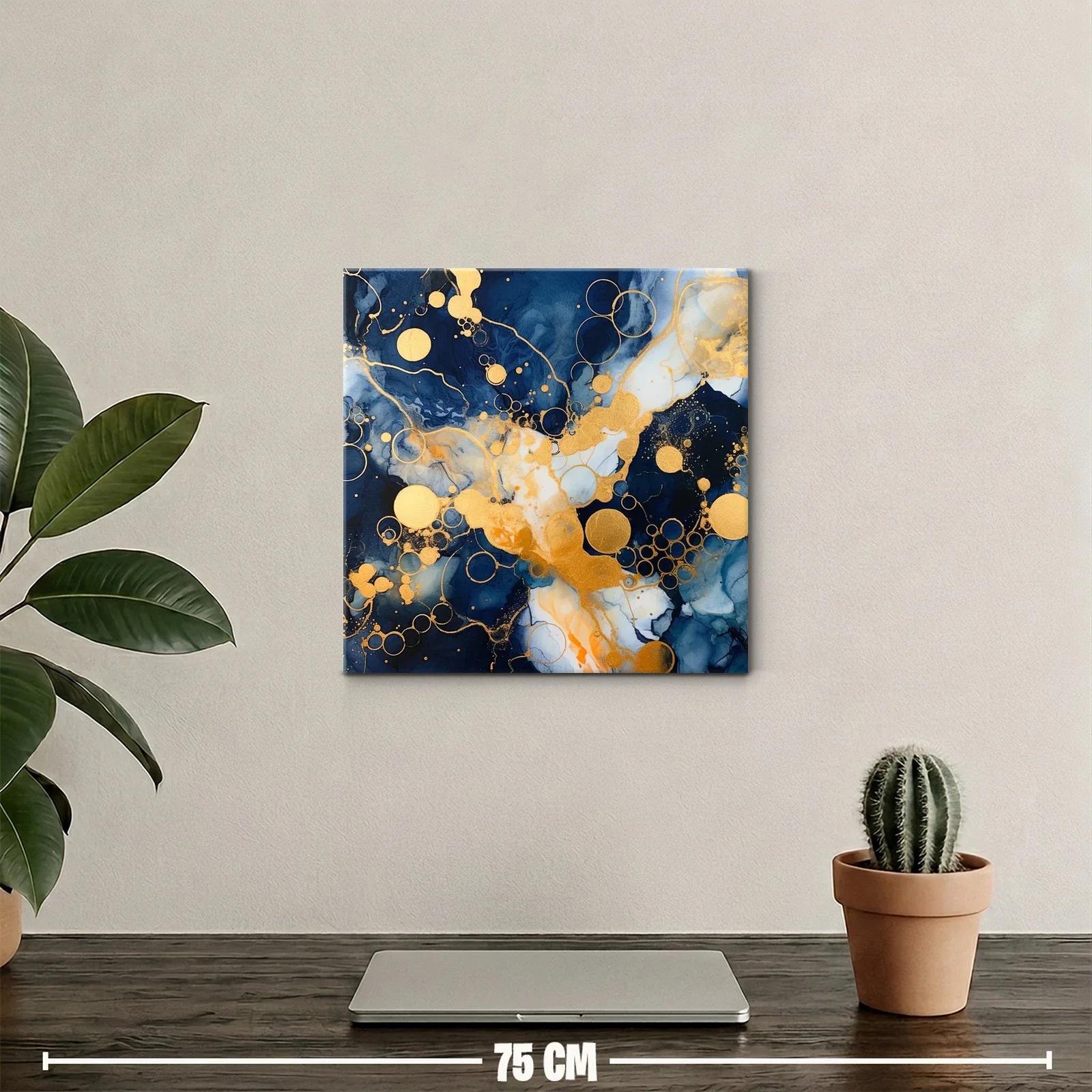 Cuadro abstracto con círculos dorados y tonos azul profundo — miniatura 2