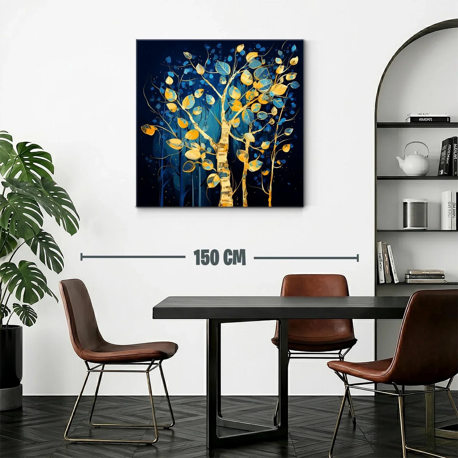 Árbol dorado con hojas azules y amarillas sobre fondo oscuro — miniatura 2