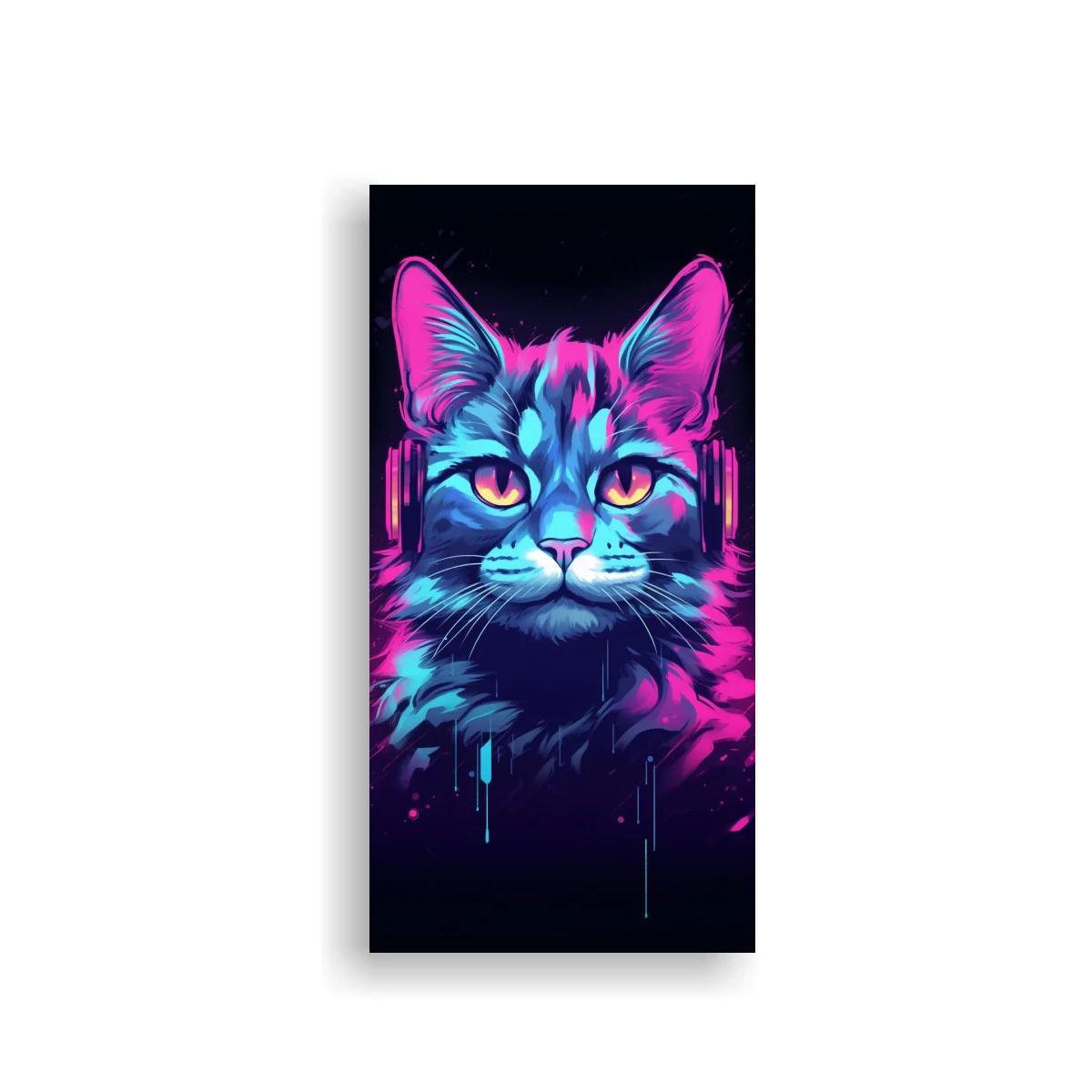 Cuadro gato de pelo largo con auriculares y salpicaduras neón