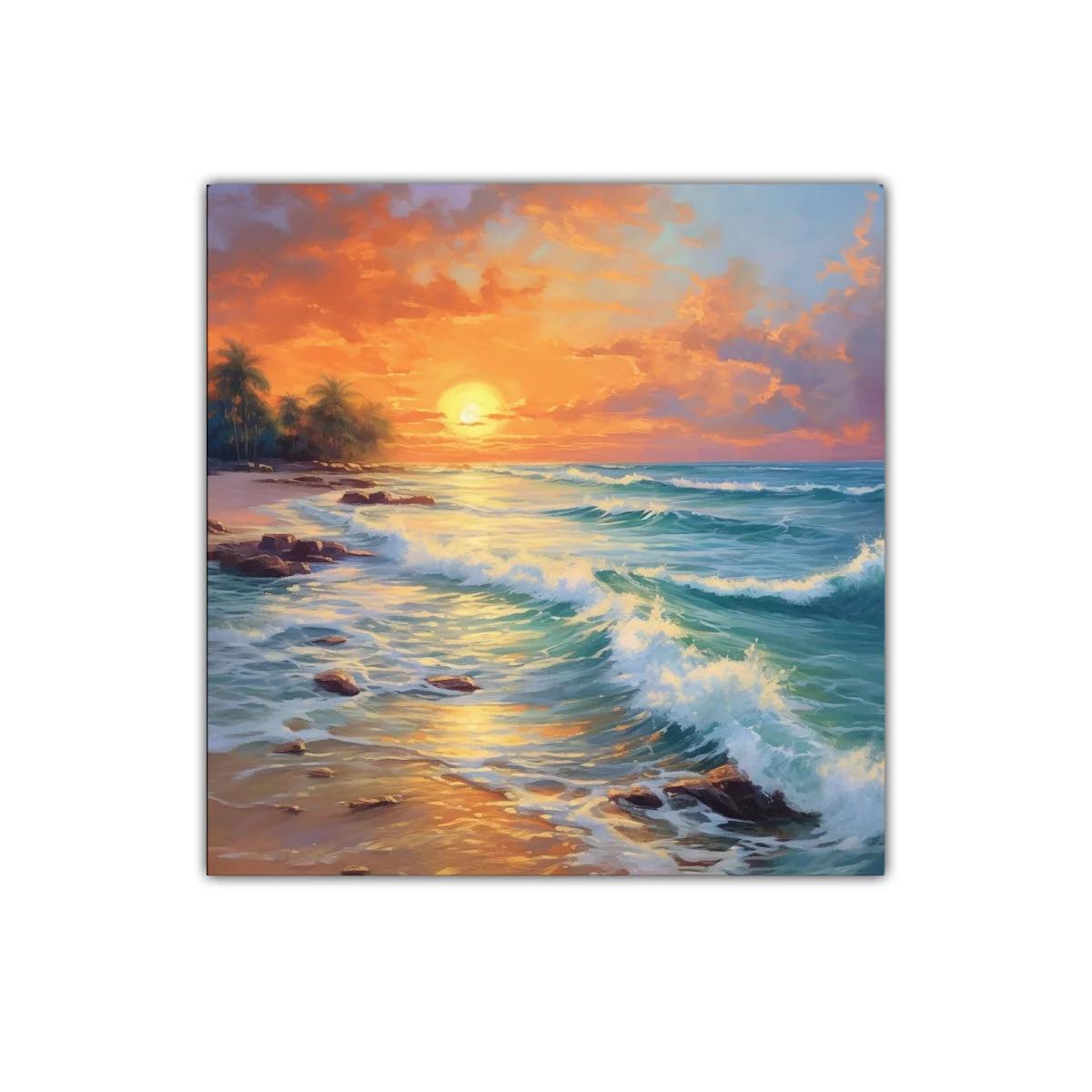 Atardecer con olas y palmeras en la playa tropical