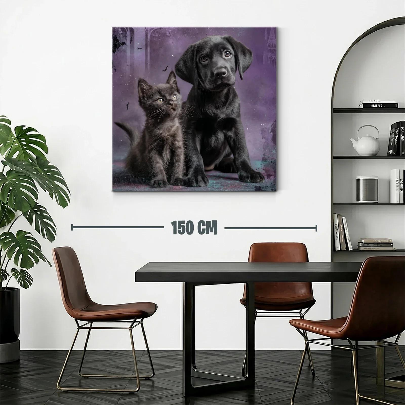 Tierno cuadro de cachorro y gatito sobre fondo violeta — miniatura 2