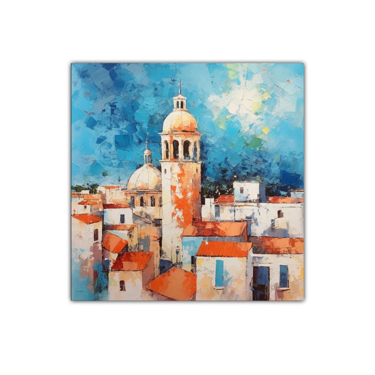 Vista colorida de un pueblo mediterráneo con torres y tejados — imagen principal