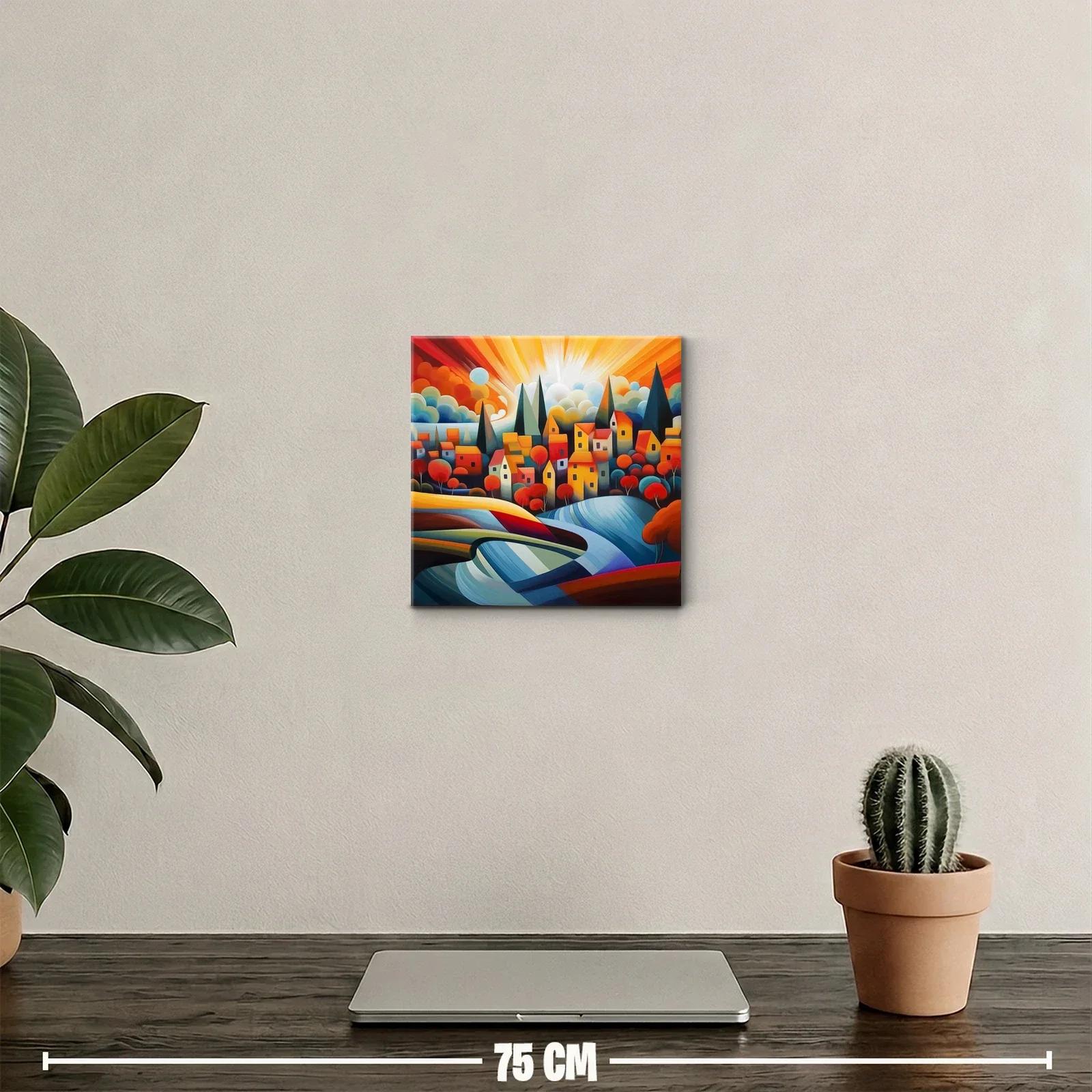 Colorido paisaje urbano con casas y árboles en tonos vibrantes — miniatura 2