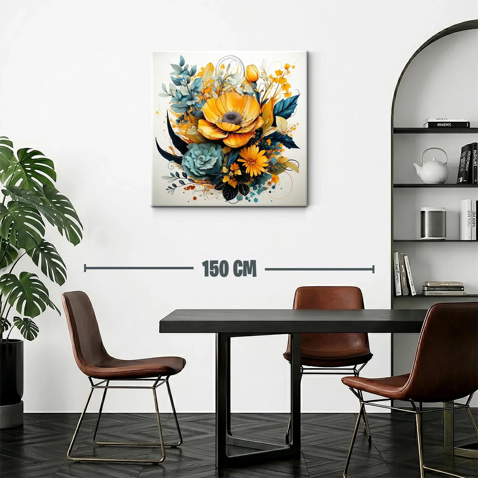Cuadro floral vibrante con tonos amarillos y verdes azules — miniatura 2