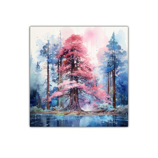 Bosque mágico con árboles en tonos rosa y azul