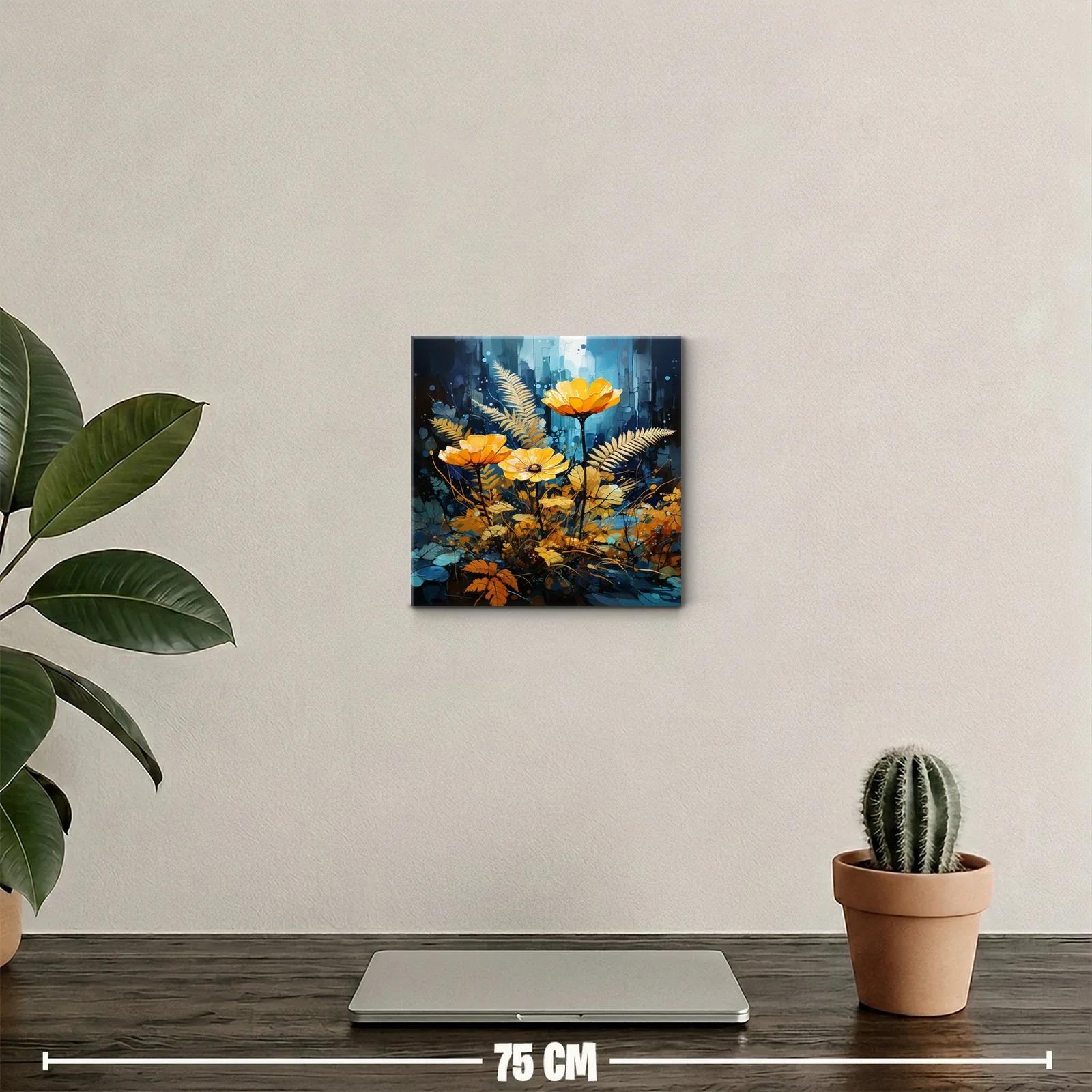 Flores doradas vibrantes entre follaje en azul profundo — miniatura 2
