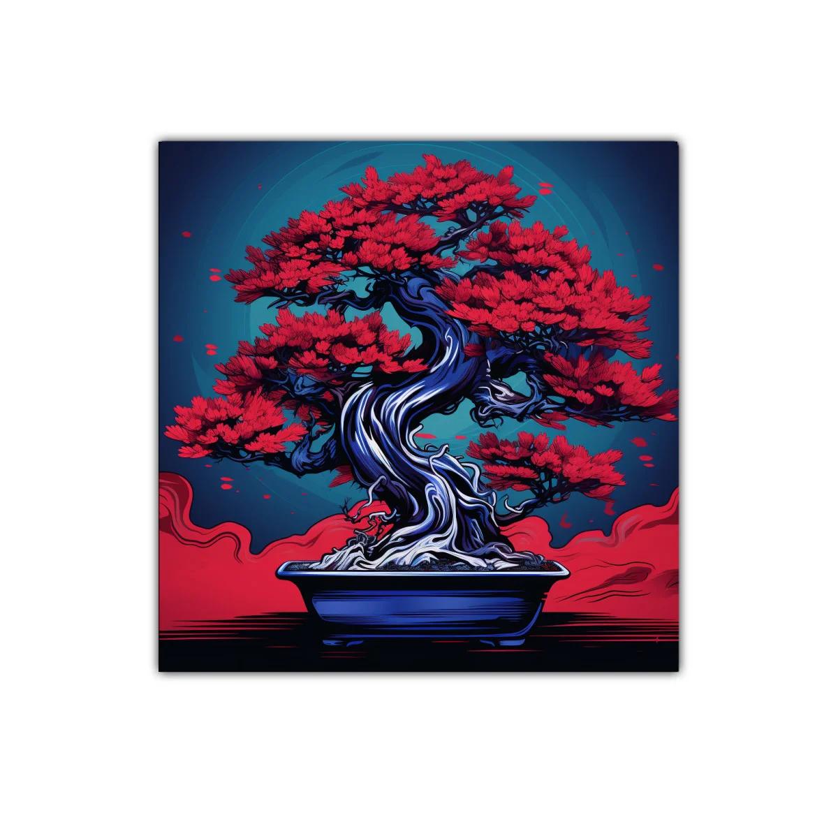 Bonsái rojo vibrante con fondo azul profundo