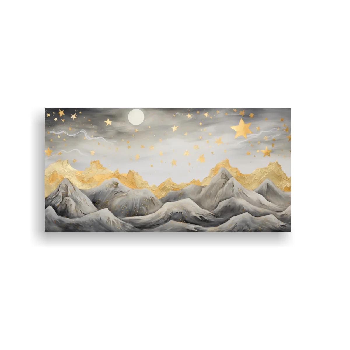 Cuadro paisaje de montañas con luna redonda y detalles dorados