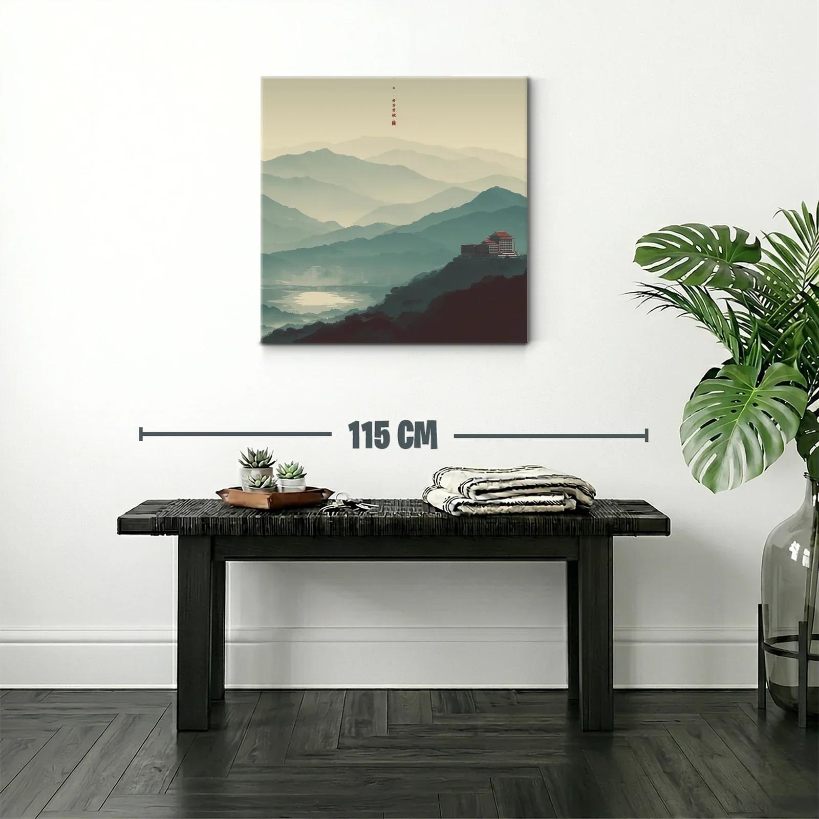 Paisaje con montañas y templo tradicional en calma matutina — miniatura 2