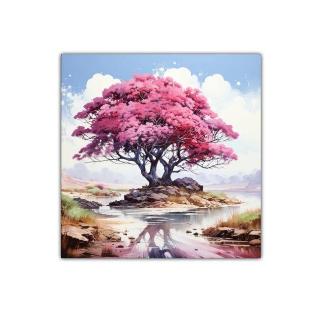 Árbol rosa reflejado en un lago sereno y tranquilo