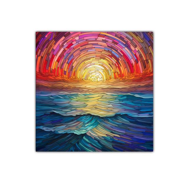 Atardecer vibrante sobre olas en tonos cálidos y azules