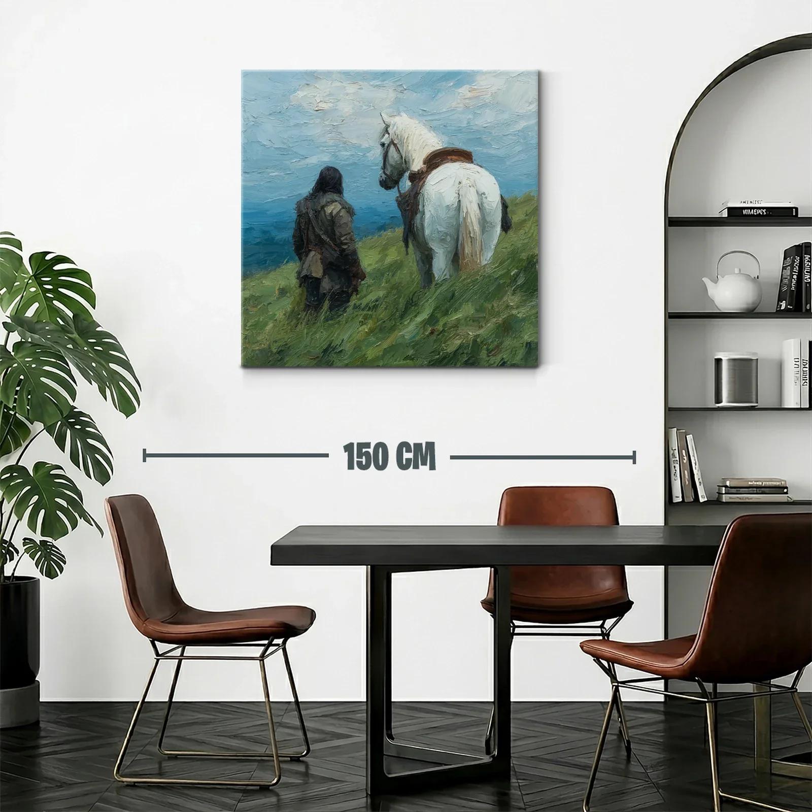 Escena Campestre con Jinete y Caballo Blanco en Paisaje Abierto — miniatura 2