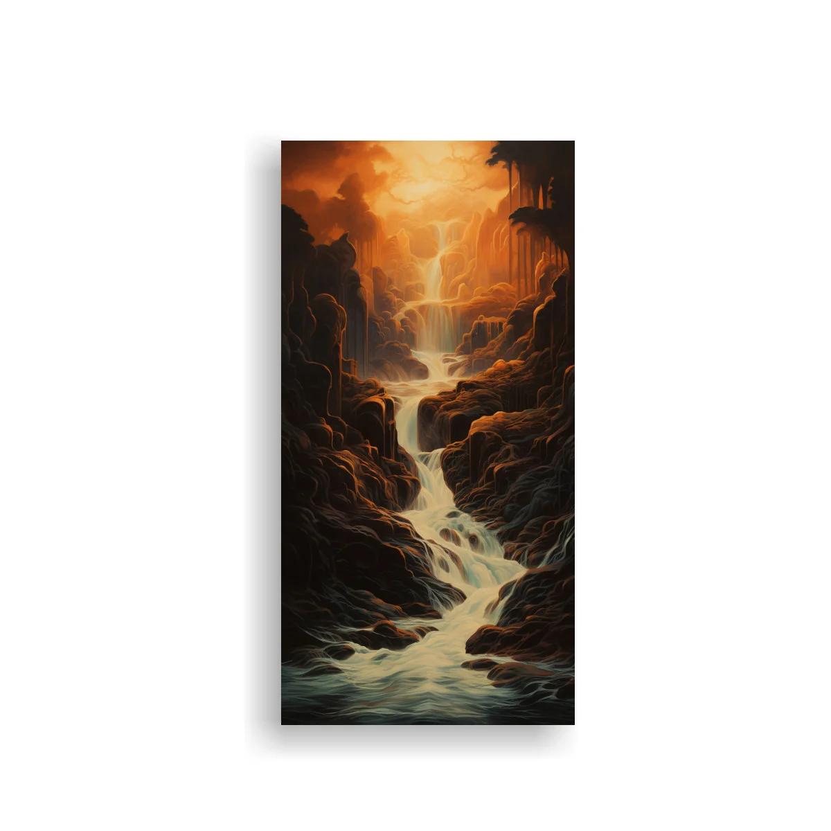 Cuadro cascada entre rocas oscuras con resplandor cálido