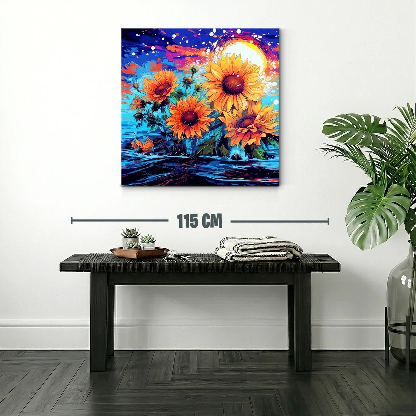 Cuadro vibrante de girasoles con fondo azul y naranja — miniatura 2