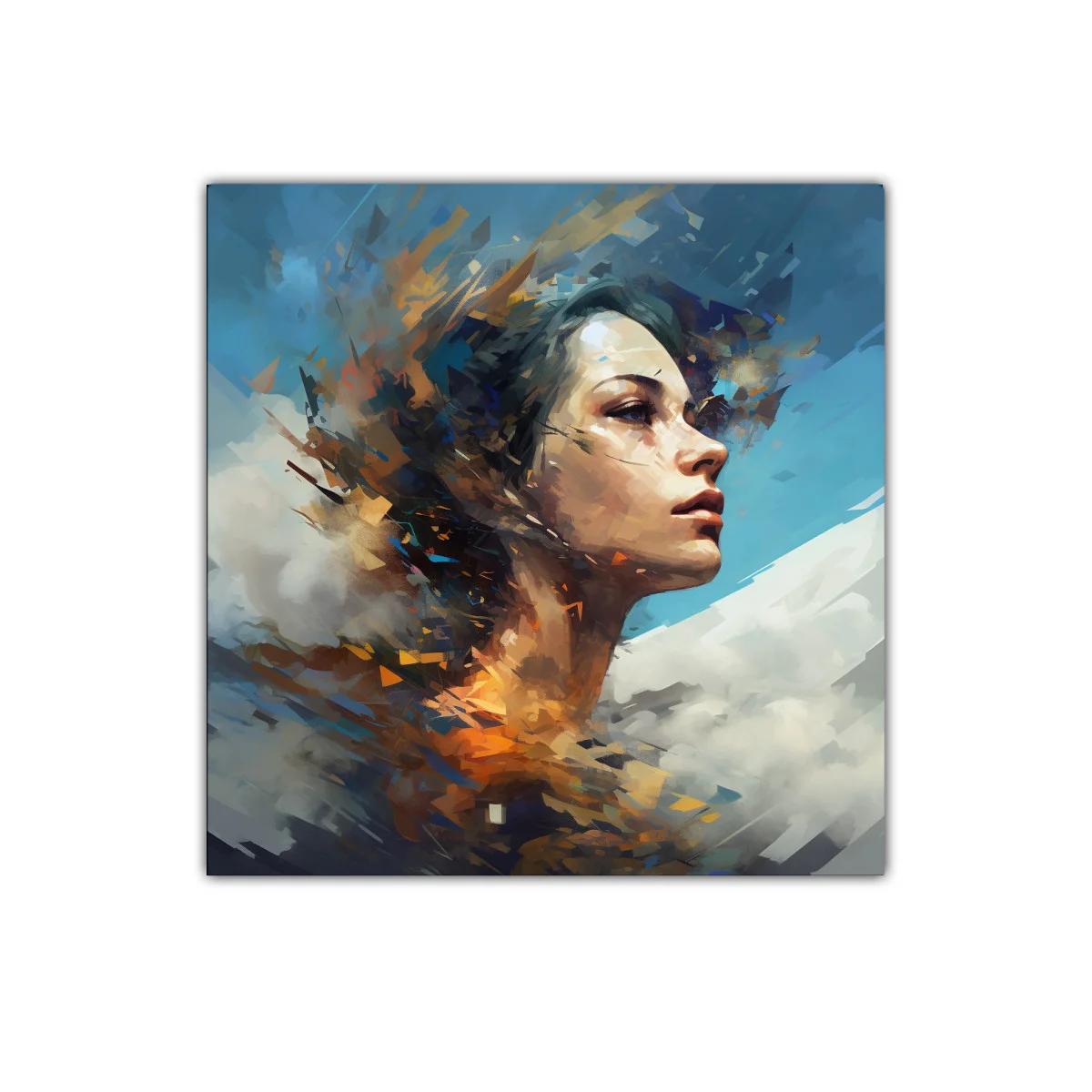 Retrato femenino surrealista con tonos cálidos y azules
