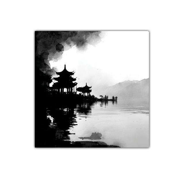 Serenidad oriental en acuarela en blanco y negro