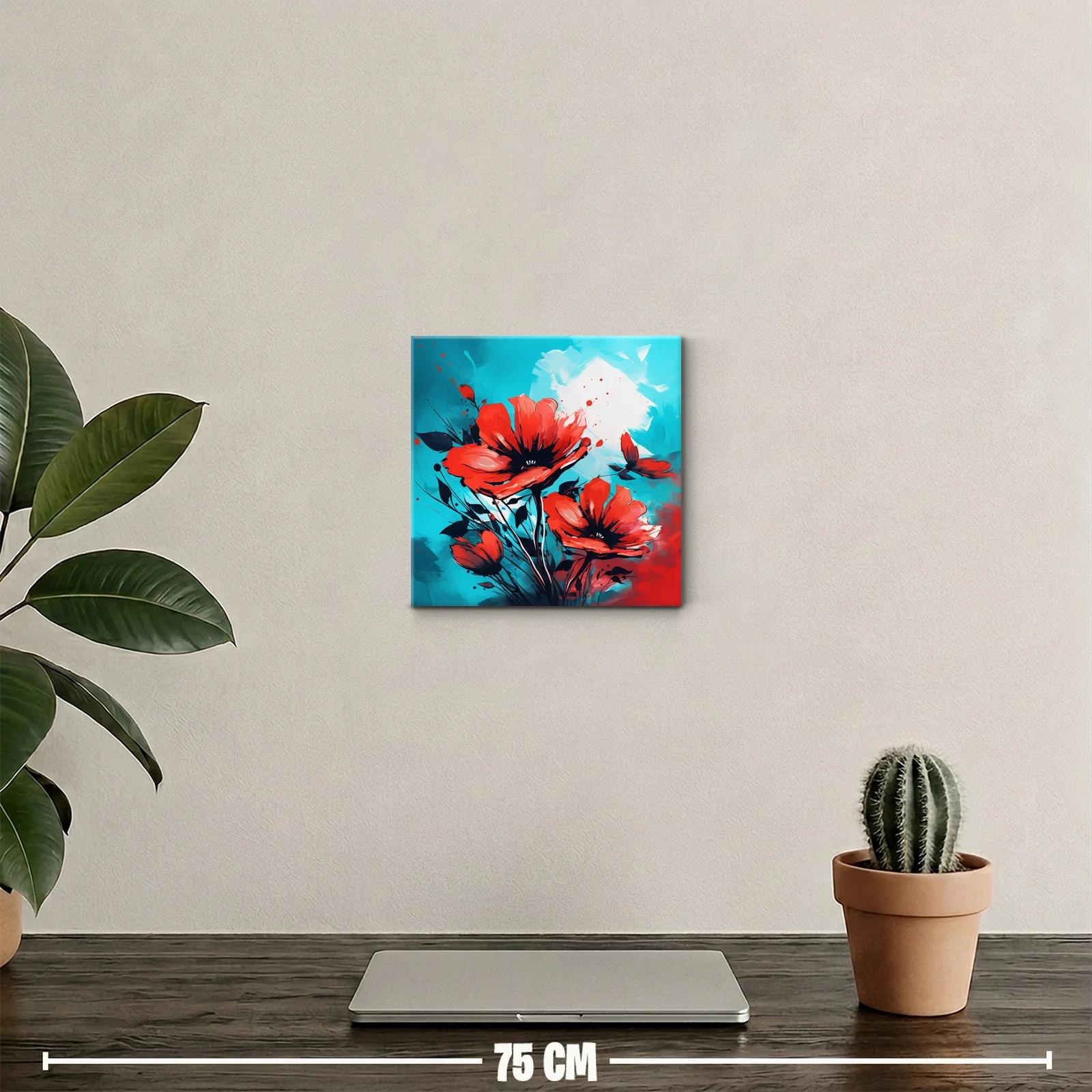 Cuadro decorativo con flores rojas sobre fondo azul vibrante — miniatura 2