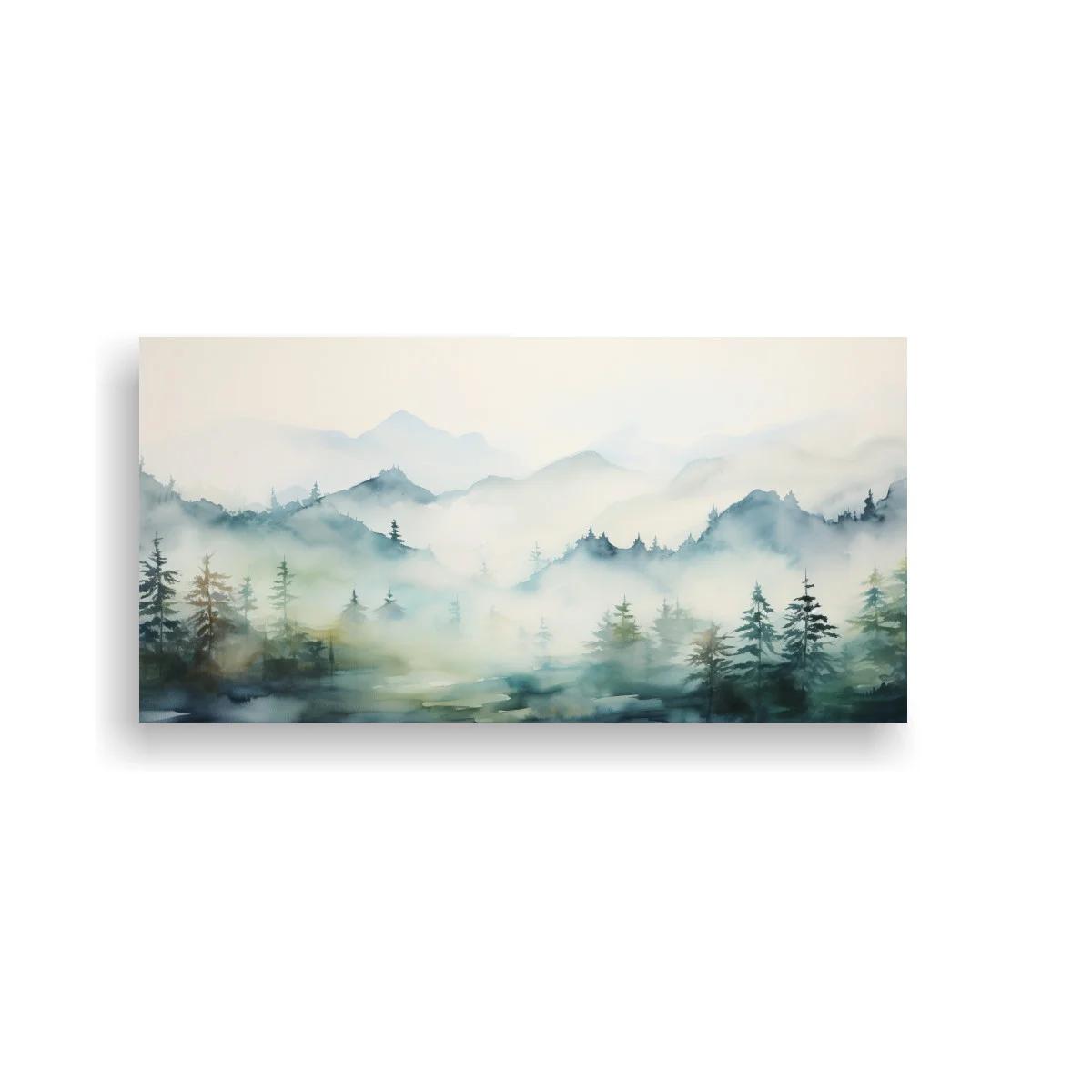 Cuadro paisaje de montañas con niebla y pinos