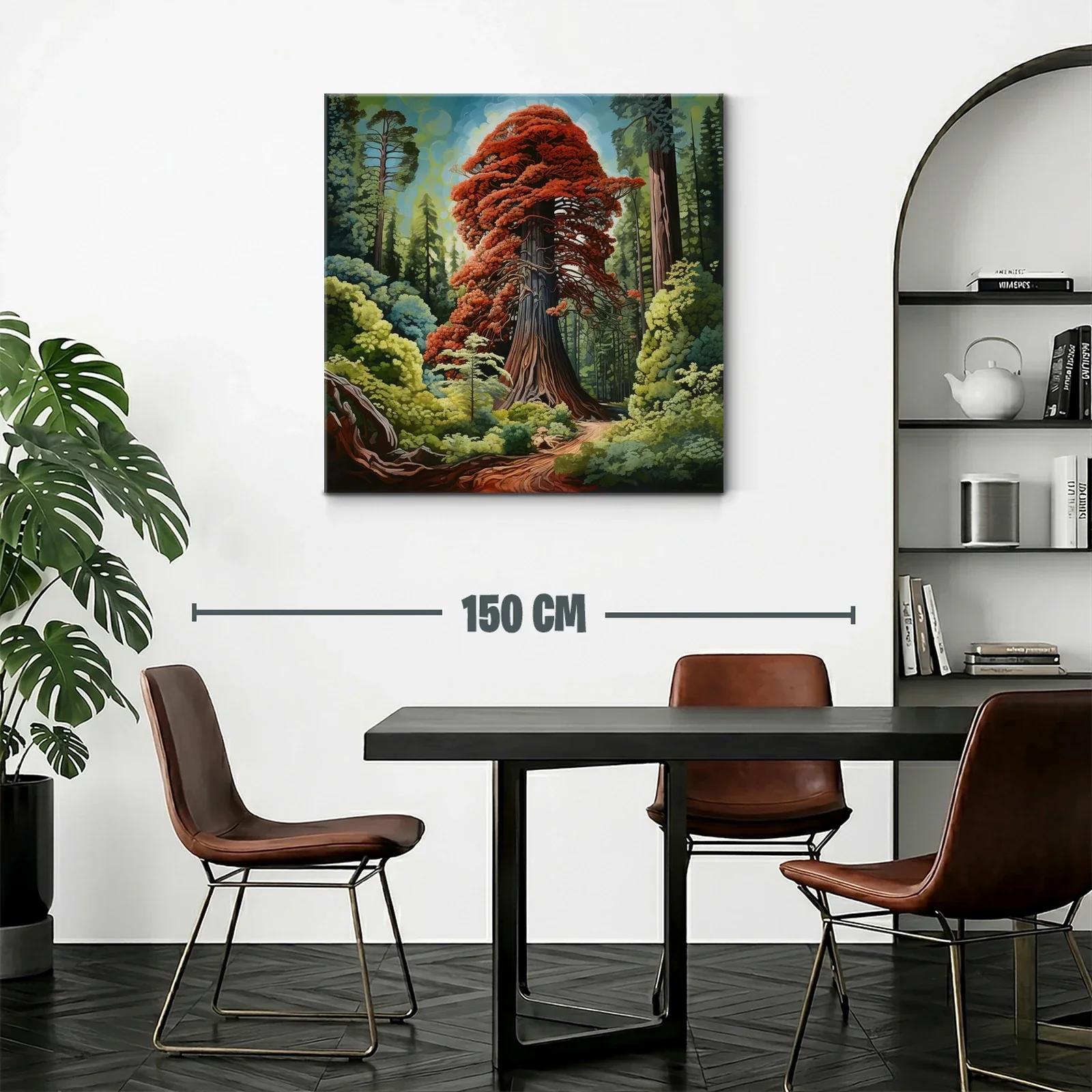 Gran árbol rojo rodeado de bosque verde vibrante — miniatura 2