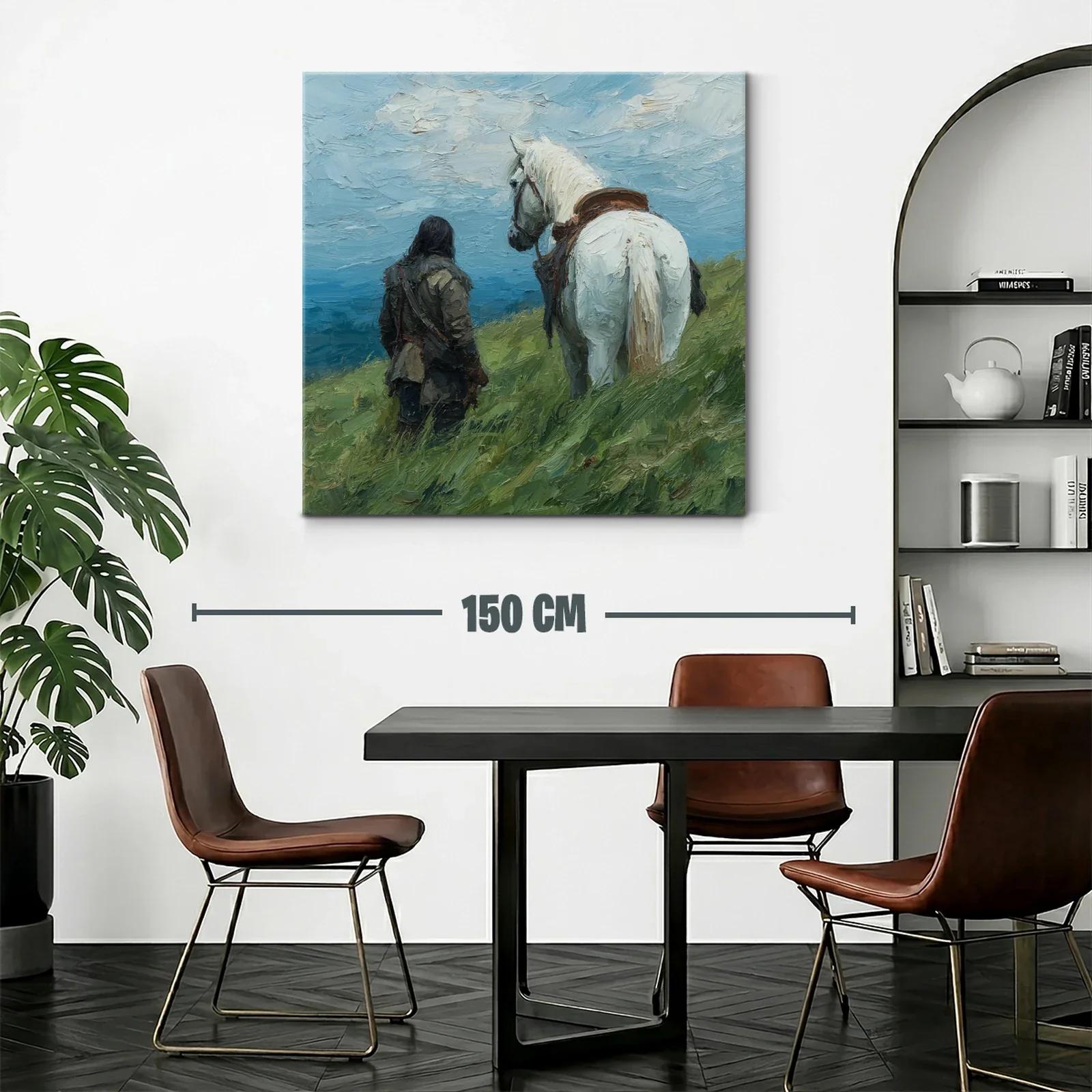 Escena Campestre con Jinete y Caballo Blanco en Paisaje Abierto — miniatura 2