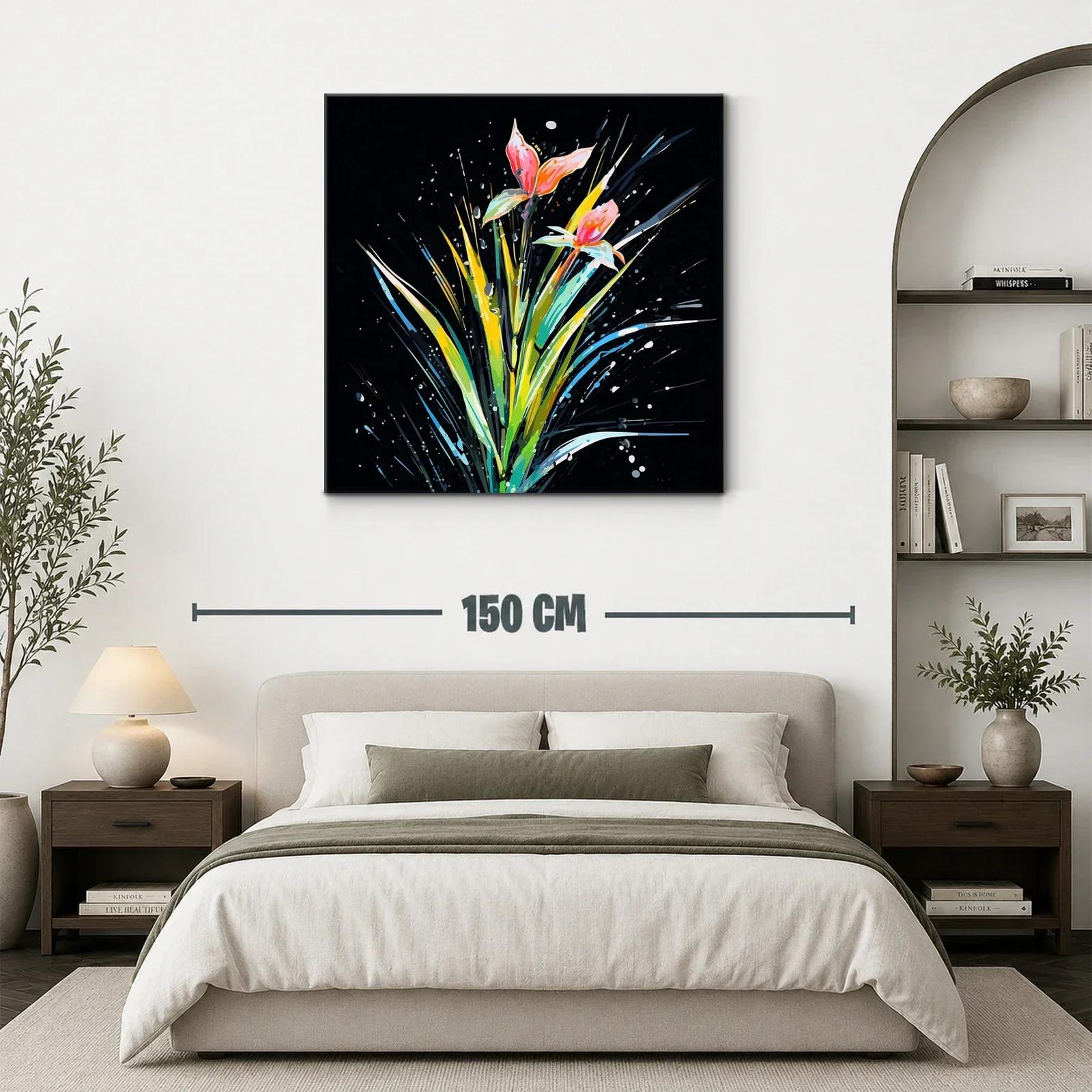 Cuadro moderno con flores vibrantes sobre fondo oscuro — miniatura 3