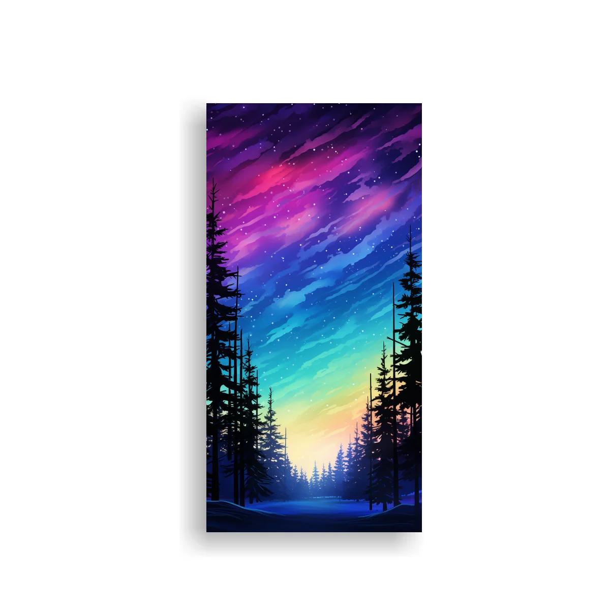 Cuadro bosque de pinos bajo aurora boreal — imagen principal