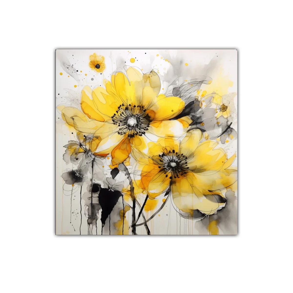 Cuadro decorativo con flores amarillas y detalles grises — imagen principal
