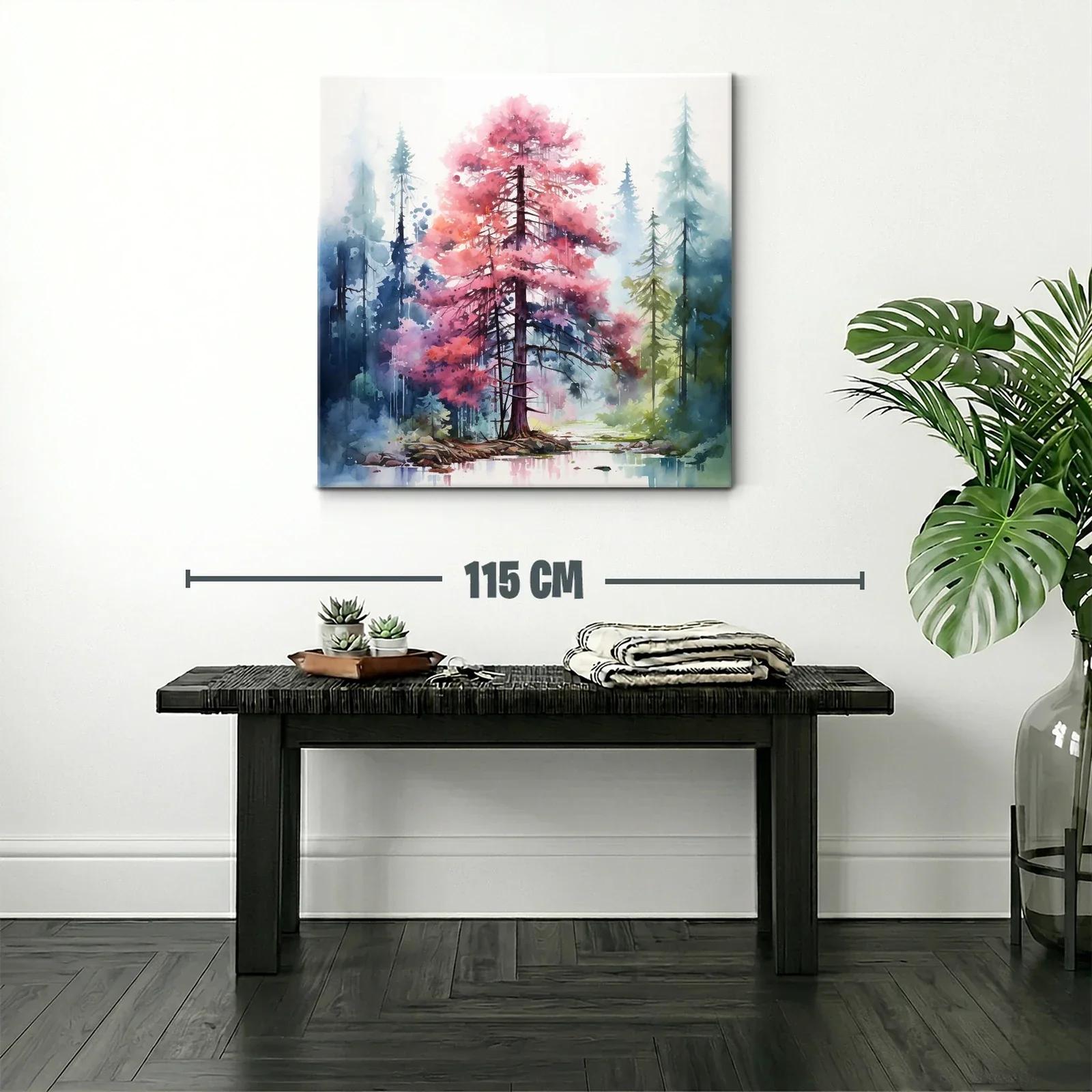 Bosque encantado con árbol rosa en paisaje sereno — miniatura 2