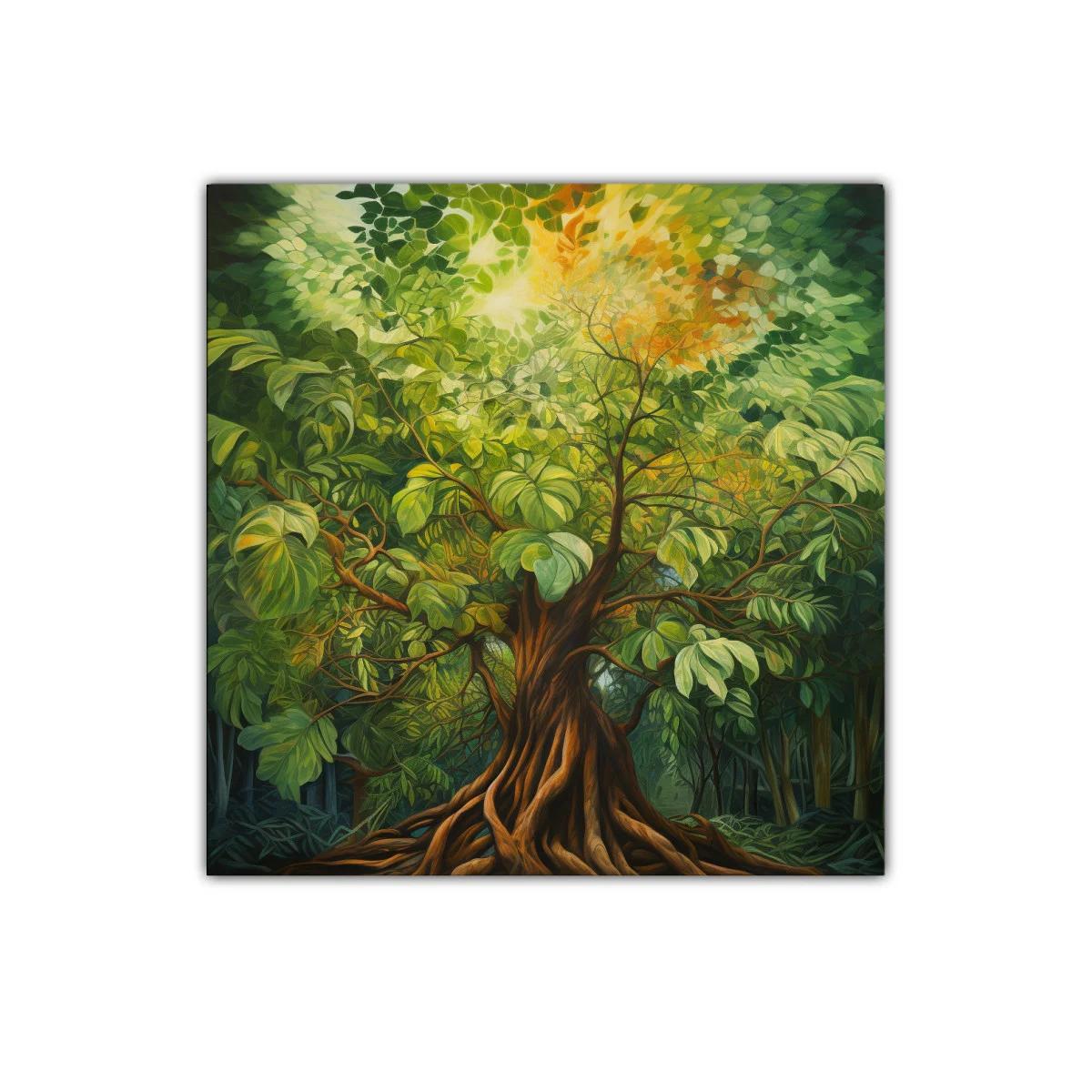 Majestuoso árbol en bosque con luz cálida y hojas verdes — imagen principal