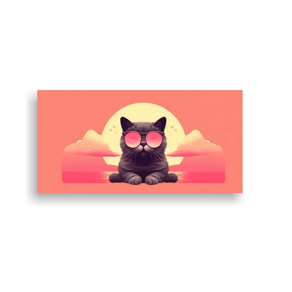 Cuadro gato negro con gafas de sol rosas y sol panorámico