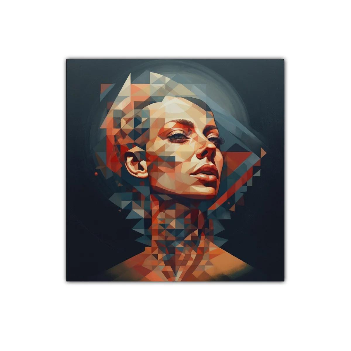 Retrato geométrico femenino con tonos cálidos y fríos — imagen principal