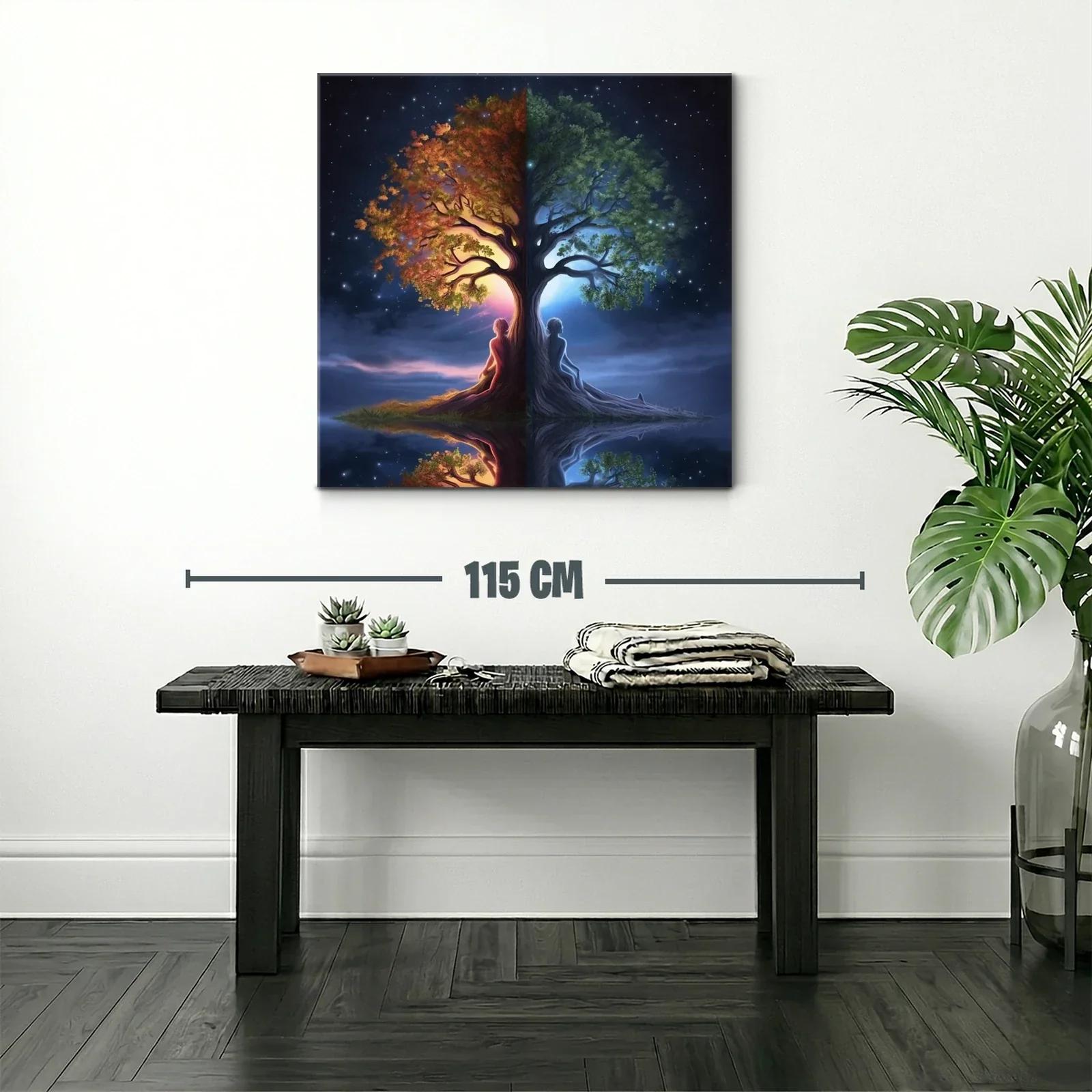 Cuadro árbol dual con figuras humanas y contraste día noche — miniatura 2