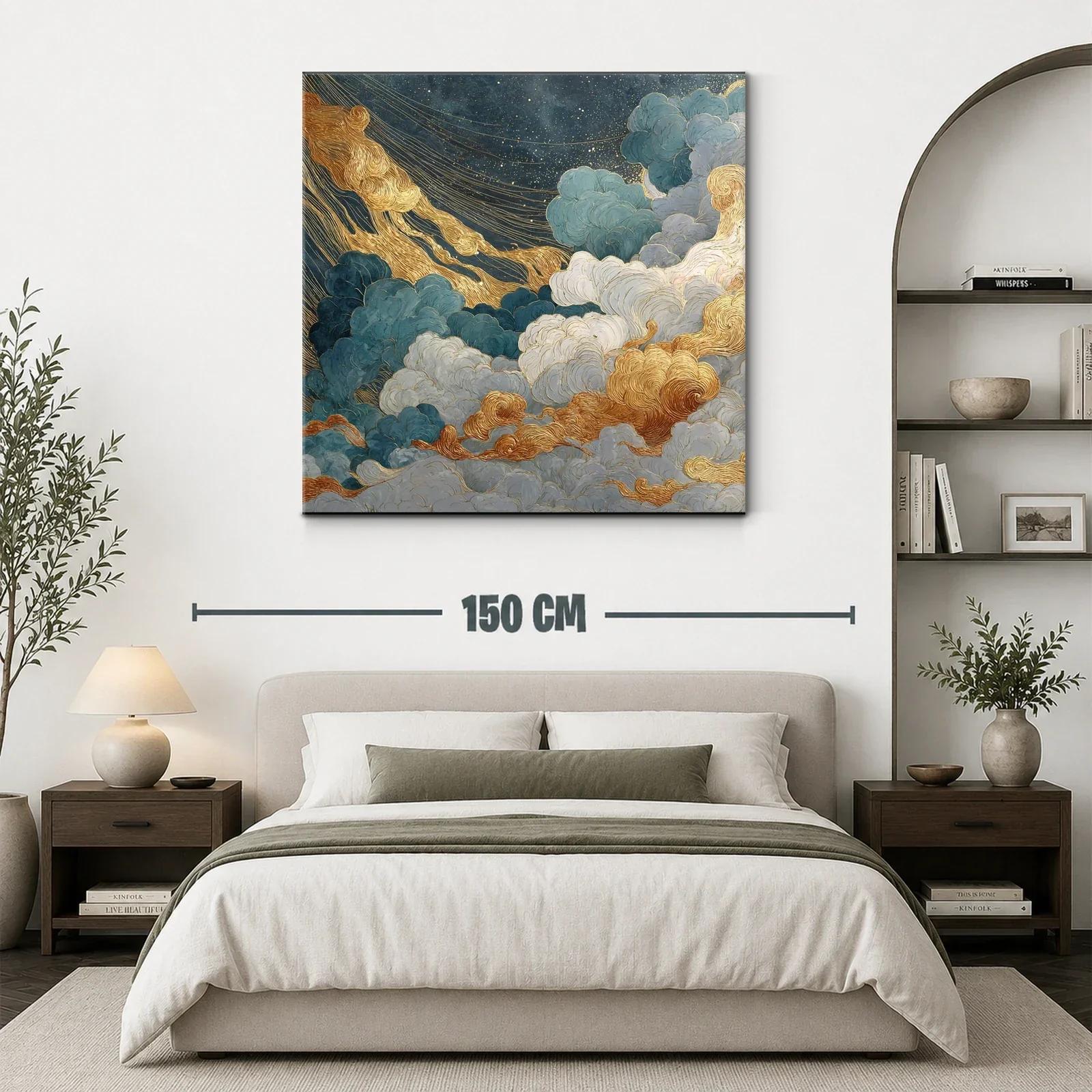 Cuadro abstracto de nubes doradas y azules con estrellas — miniatura 3