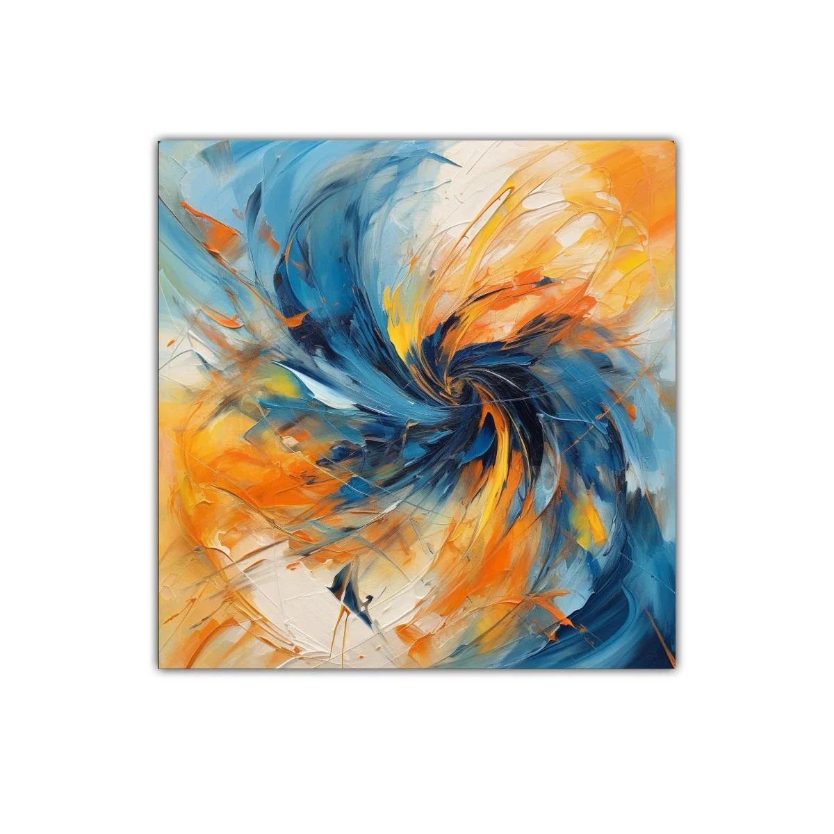 Cuadro abstracto con remolino en tonos azules y naranjas