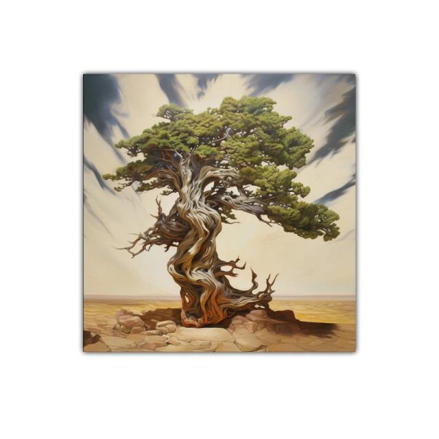 Árbol retorcido en paisaje desértico con cielo dramático