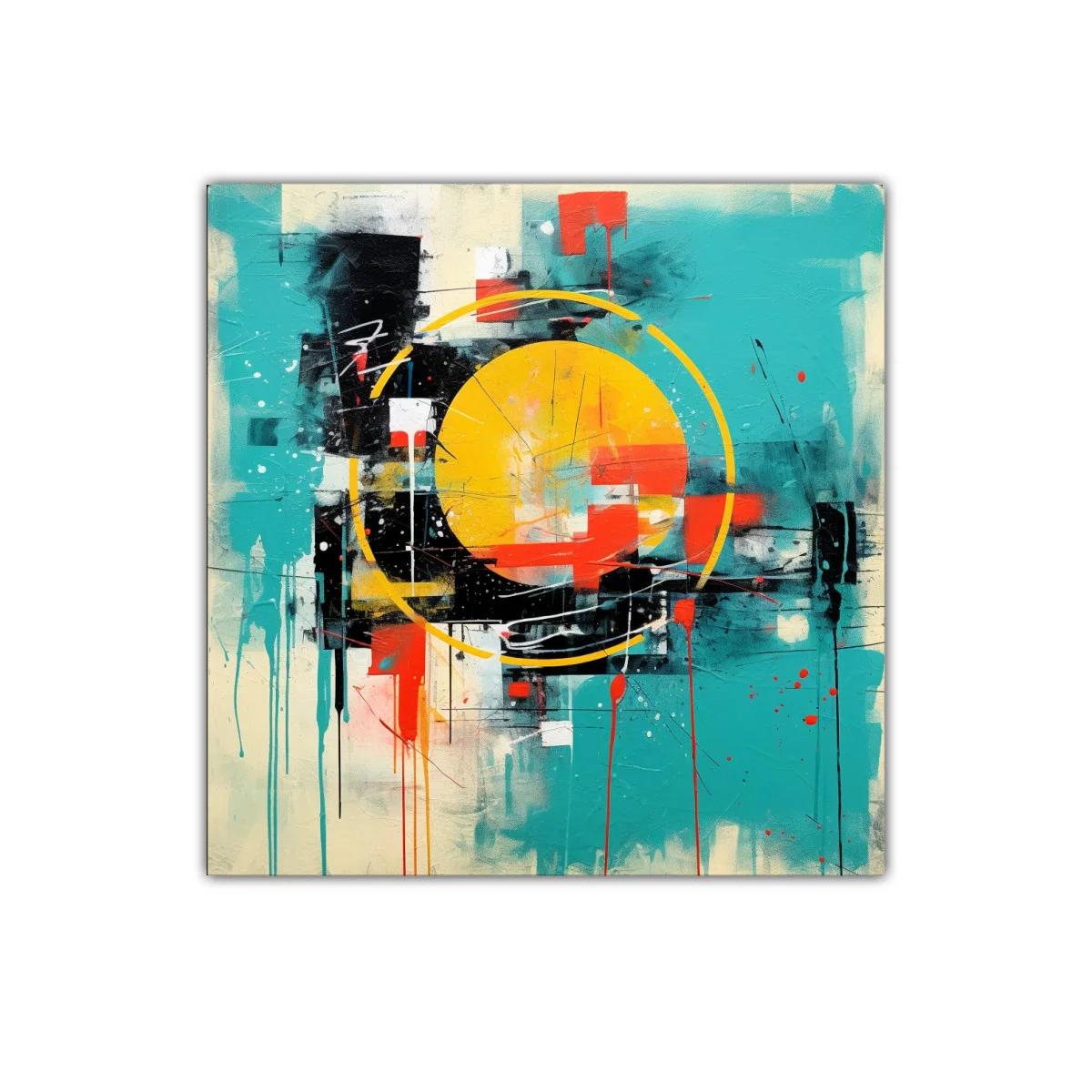 Cuadro abstracto colorido con círculo amarillo y trazo dinámico — imagen principal