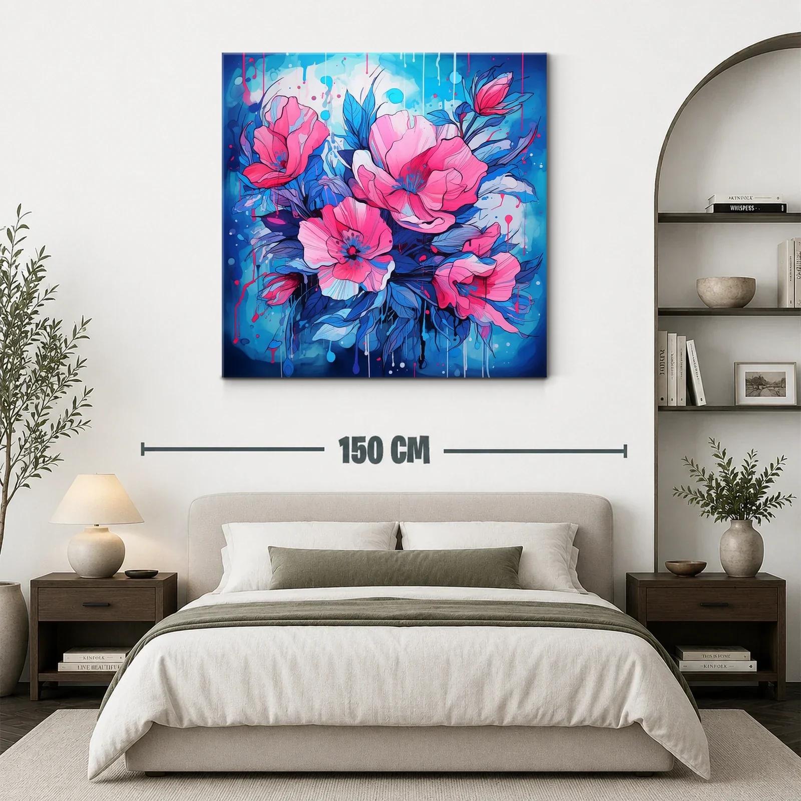 Cuadro vibrante con flores rosas y azul eléctrico — miniatura 3