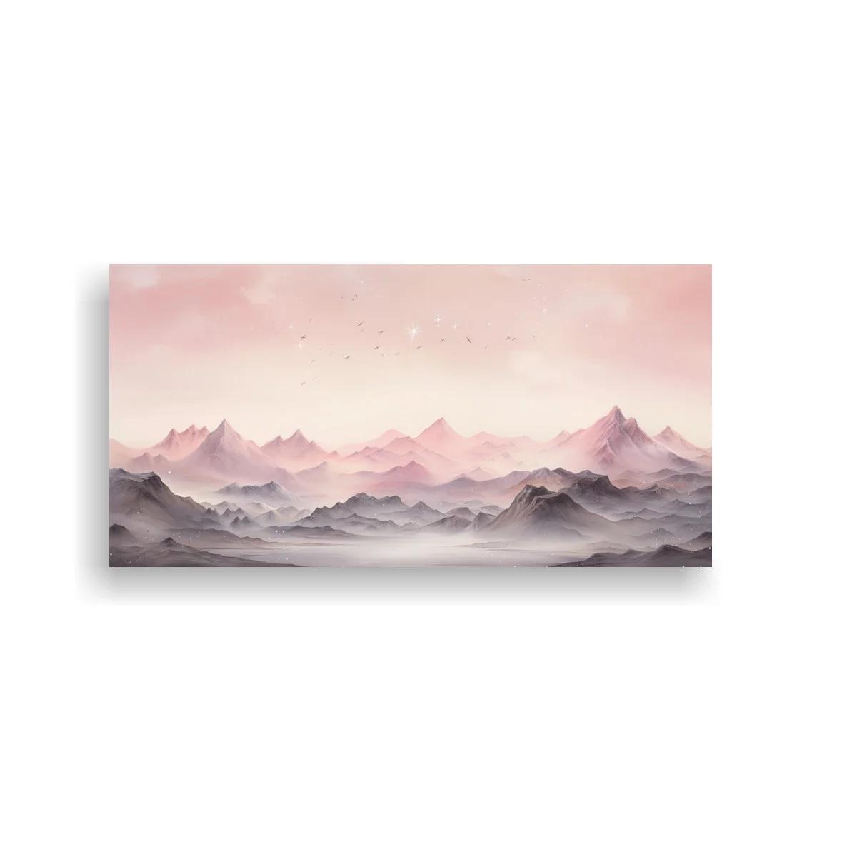 Cuadro cordillera de montañas en bruma con cielo rosado
