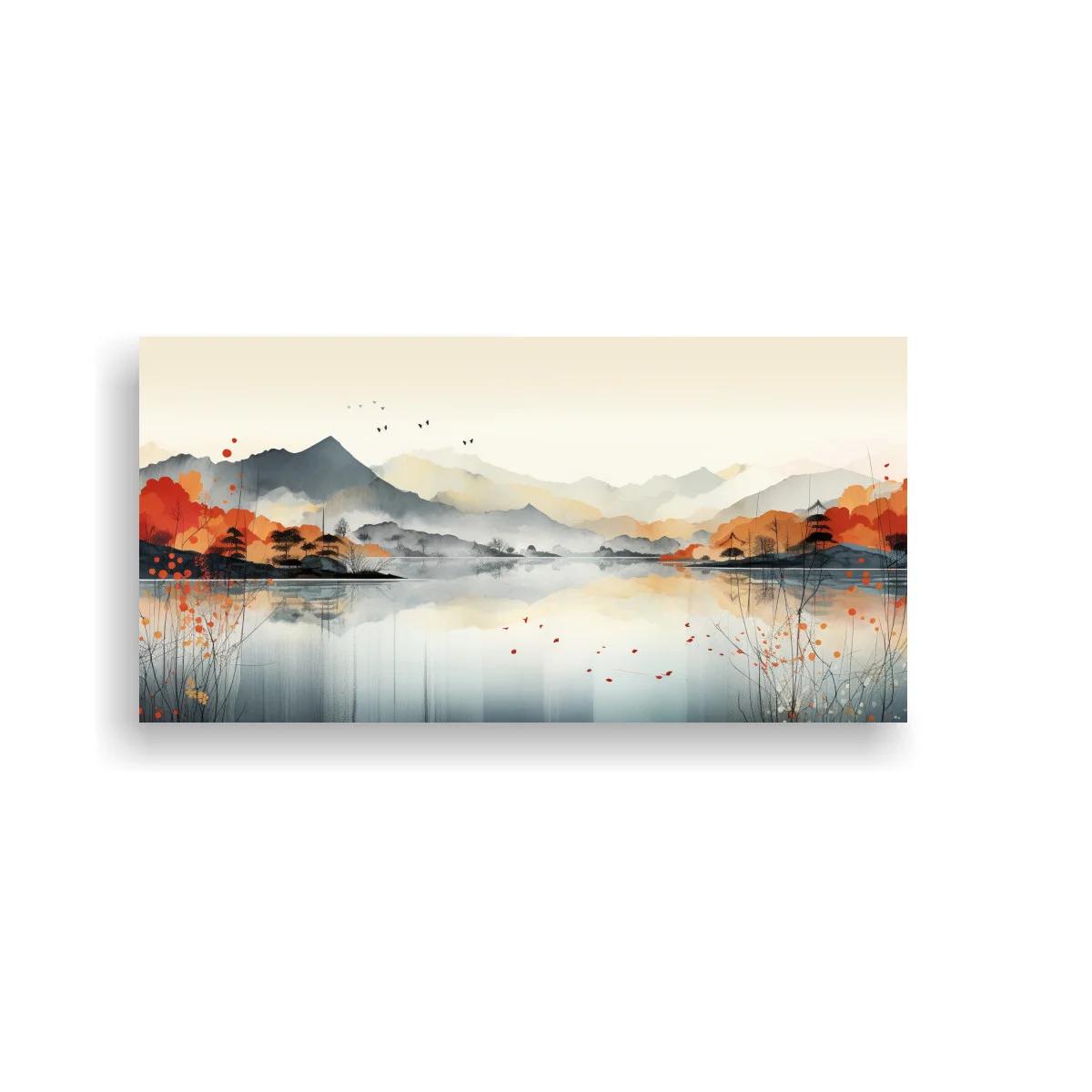 Cuadro paisaje de lago con montañas y juncos