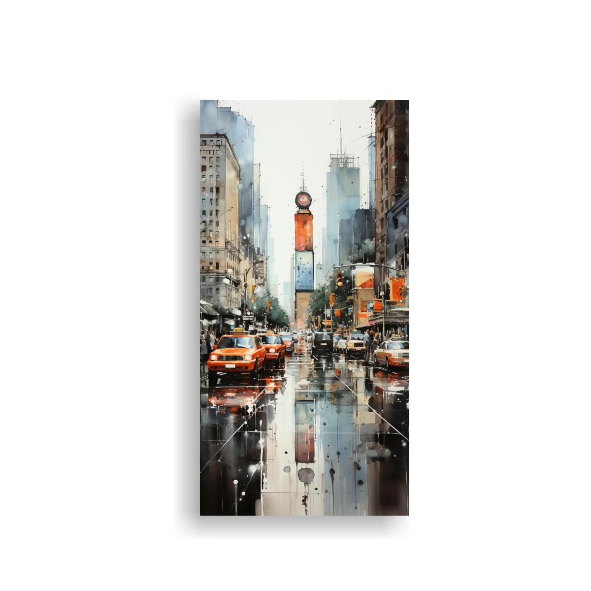Cuadro de Times Square con avenida lluviosa y taxis amarillos