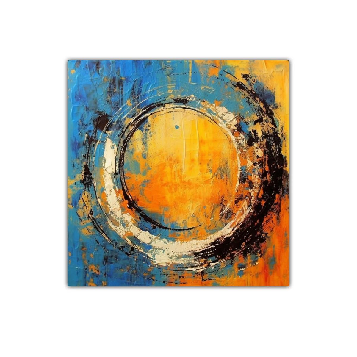 Cuadro abstracto con círculo dinámico en tonos cálidos y fríos