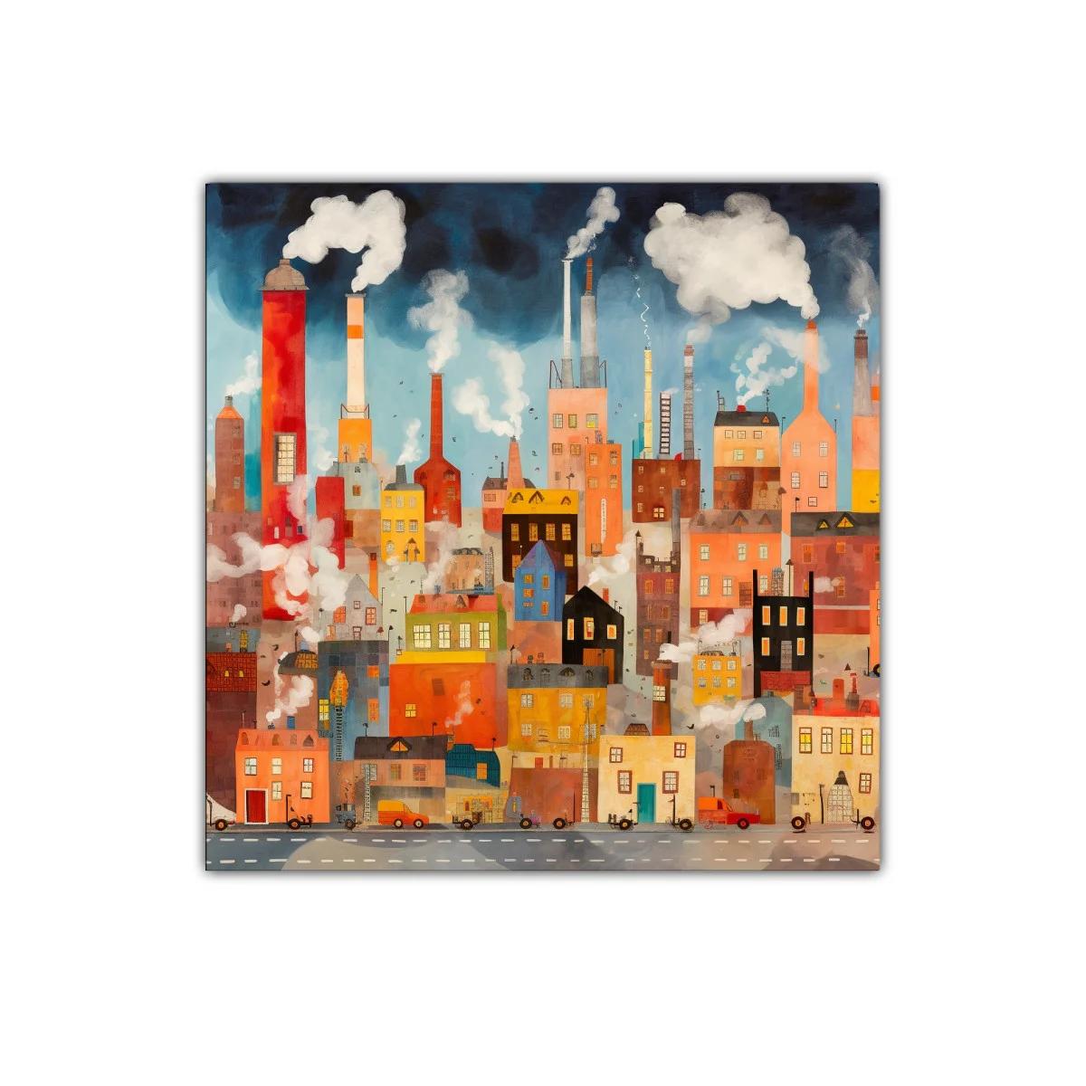 Ciudad industrial con chimeneas y humo en tonos cálidos
