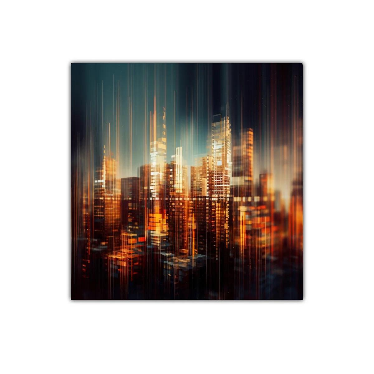 Ciudad luminosa abstracta con tonos cálidos y vibrantes